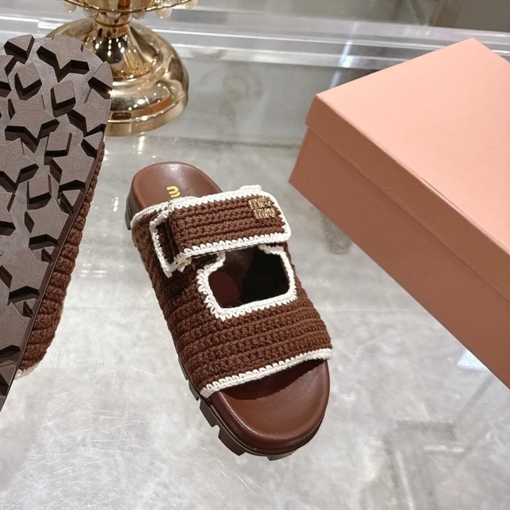 Miu Miu Brown Crochet Platform Slide Sandals - Picture 5 of 8